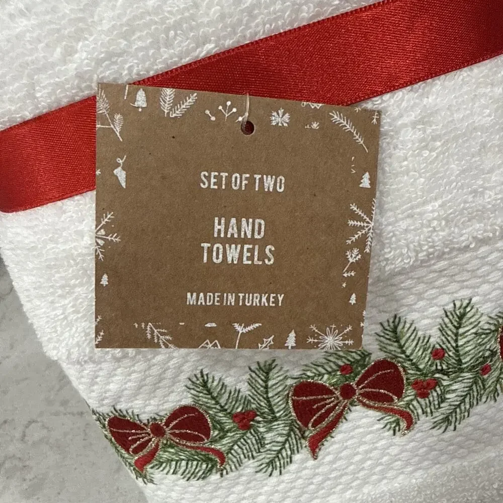 Set of 2 Arctic Holiday Christmas Hand Towels Holly Berries Embroidered Turkish